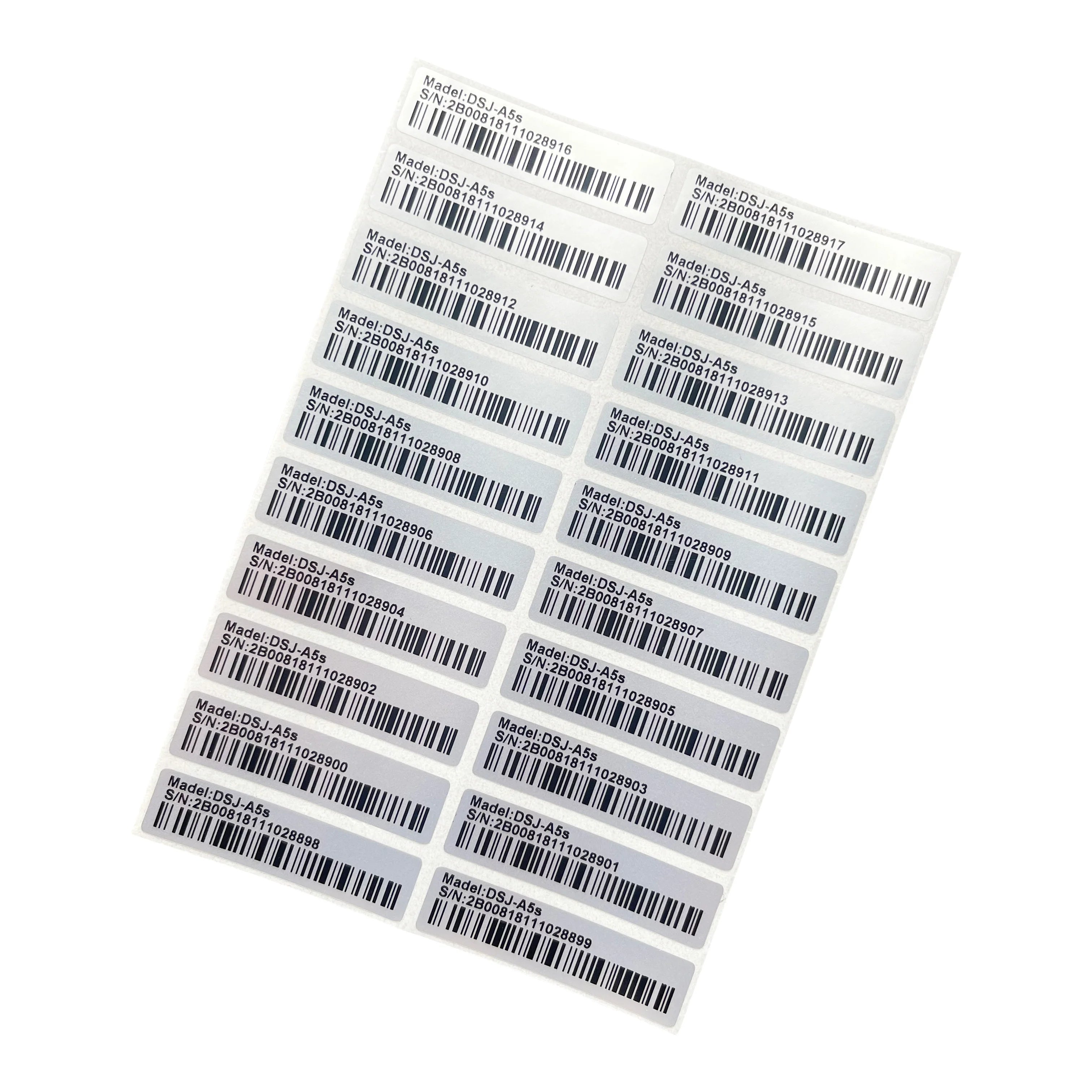 100pcs matte silver PET barcode labels, 40x10mm. Durable, fade-resistant serial number stickers for pet product labeling.