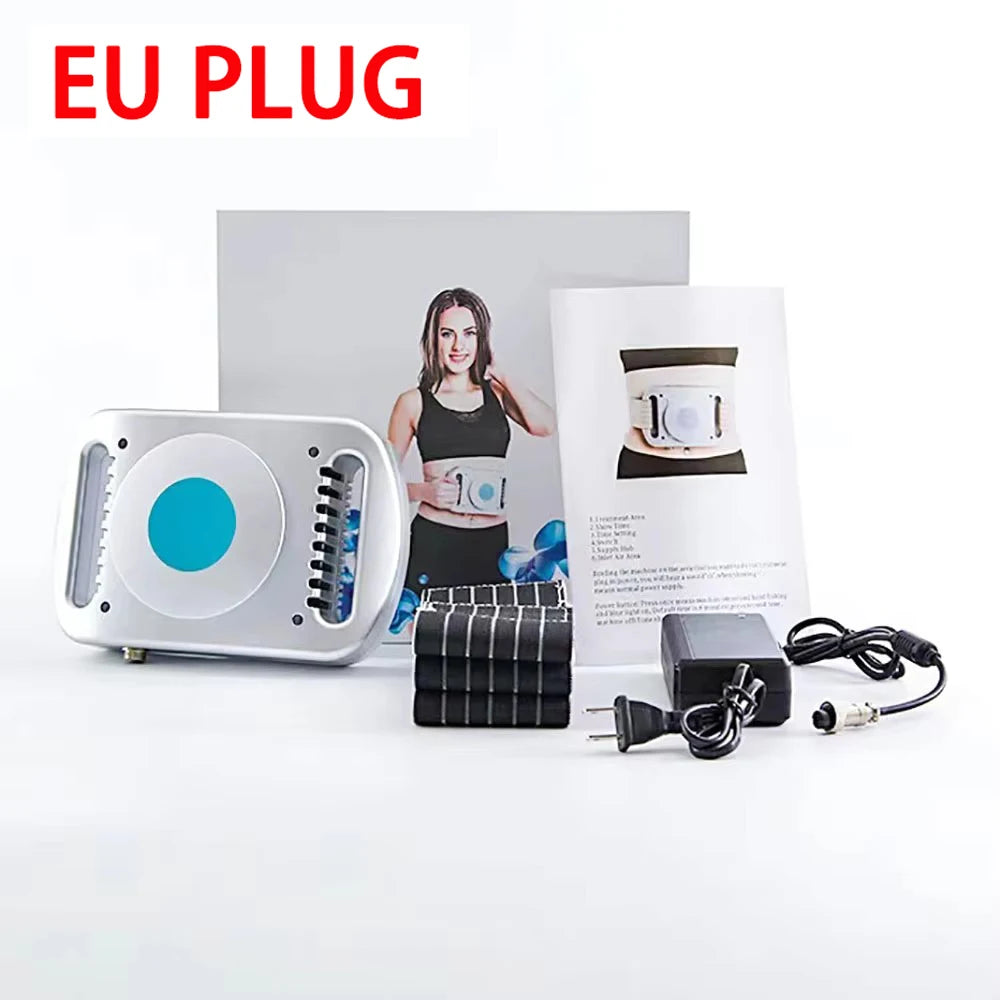Silver, rectangular fat freezing body sculpting device with blue center, elastic straps, EU power adapter, and manual.