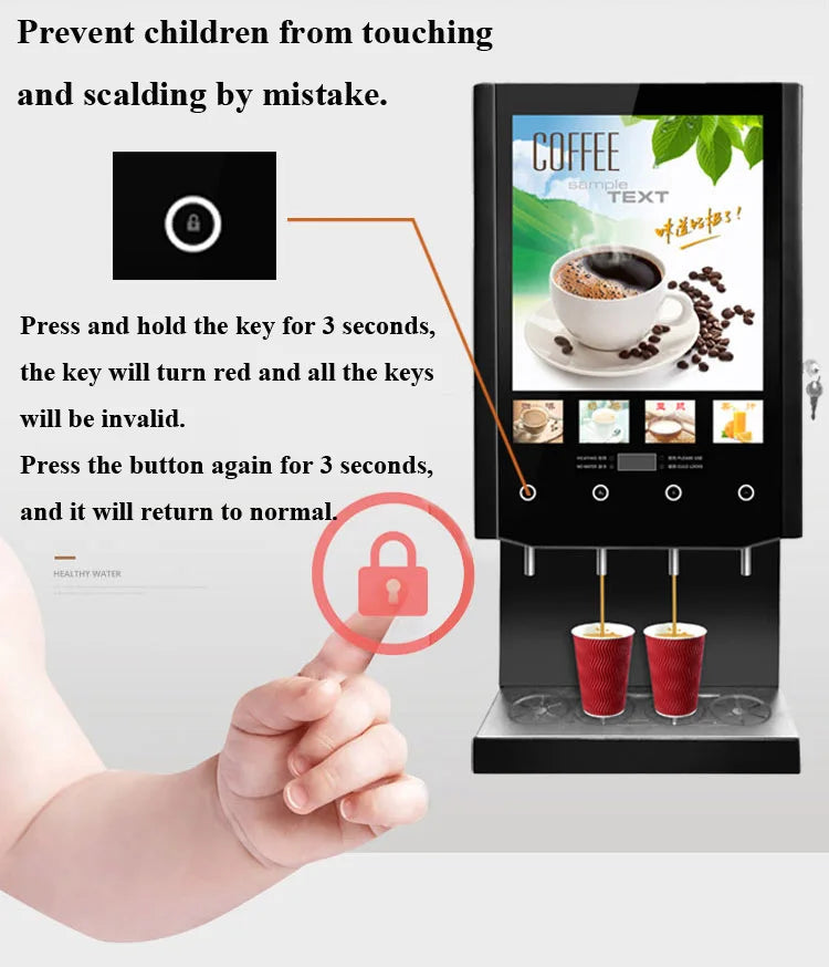 Black automatic coffee and tea vending machine with touchscreen display, child safety lock, and two-cup dispenser.