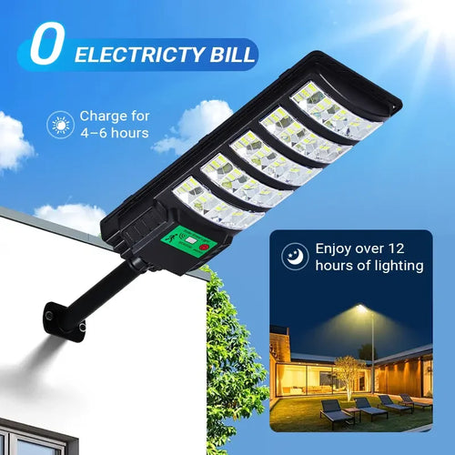 Black solar street light with multi-row LED panel and motion lighting