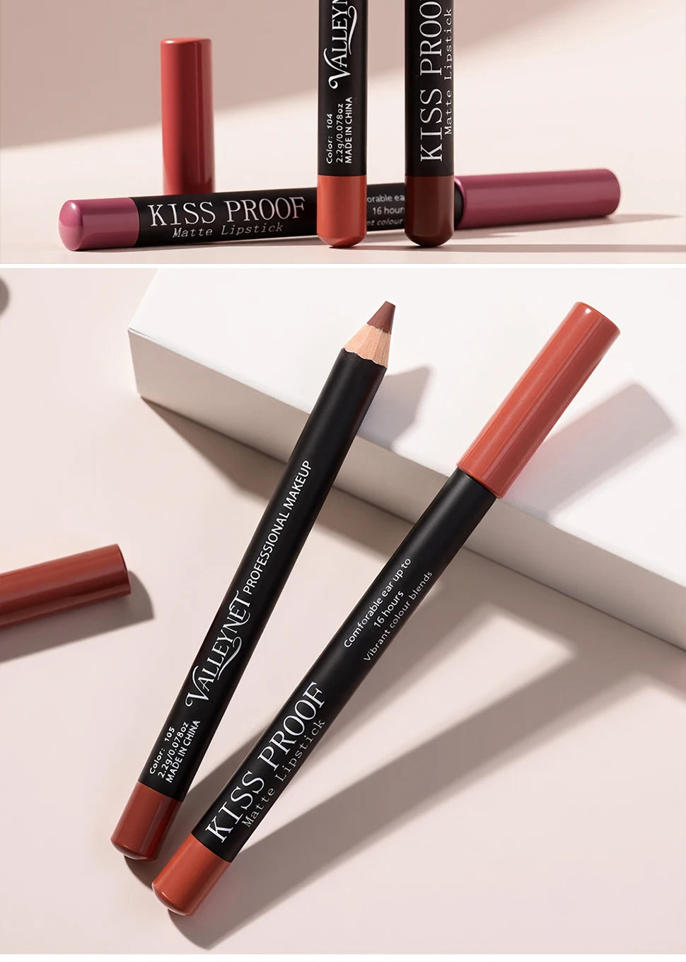 4-piece set of long-lasting, waterproof wood pencil matte lipsticks in versatile nude brown shades.