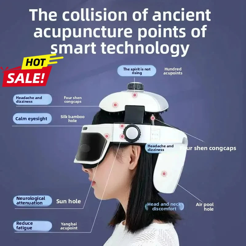 White integrated head and eye massager helmet with adjustable dials, targeting acupuncture points for stress relief.