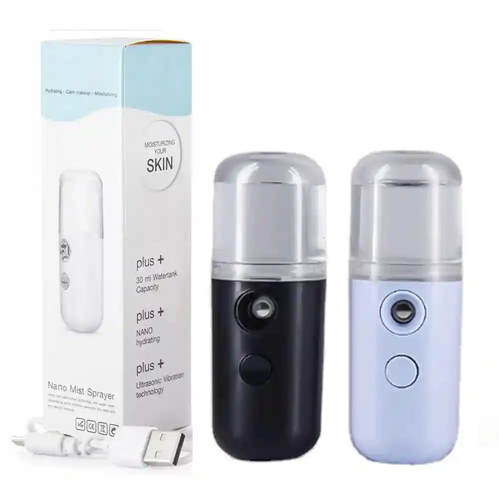 Portable black and white nano facial mister sprayers with USB cable and retail box for skin hydration and makeup.