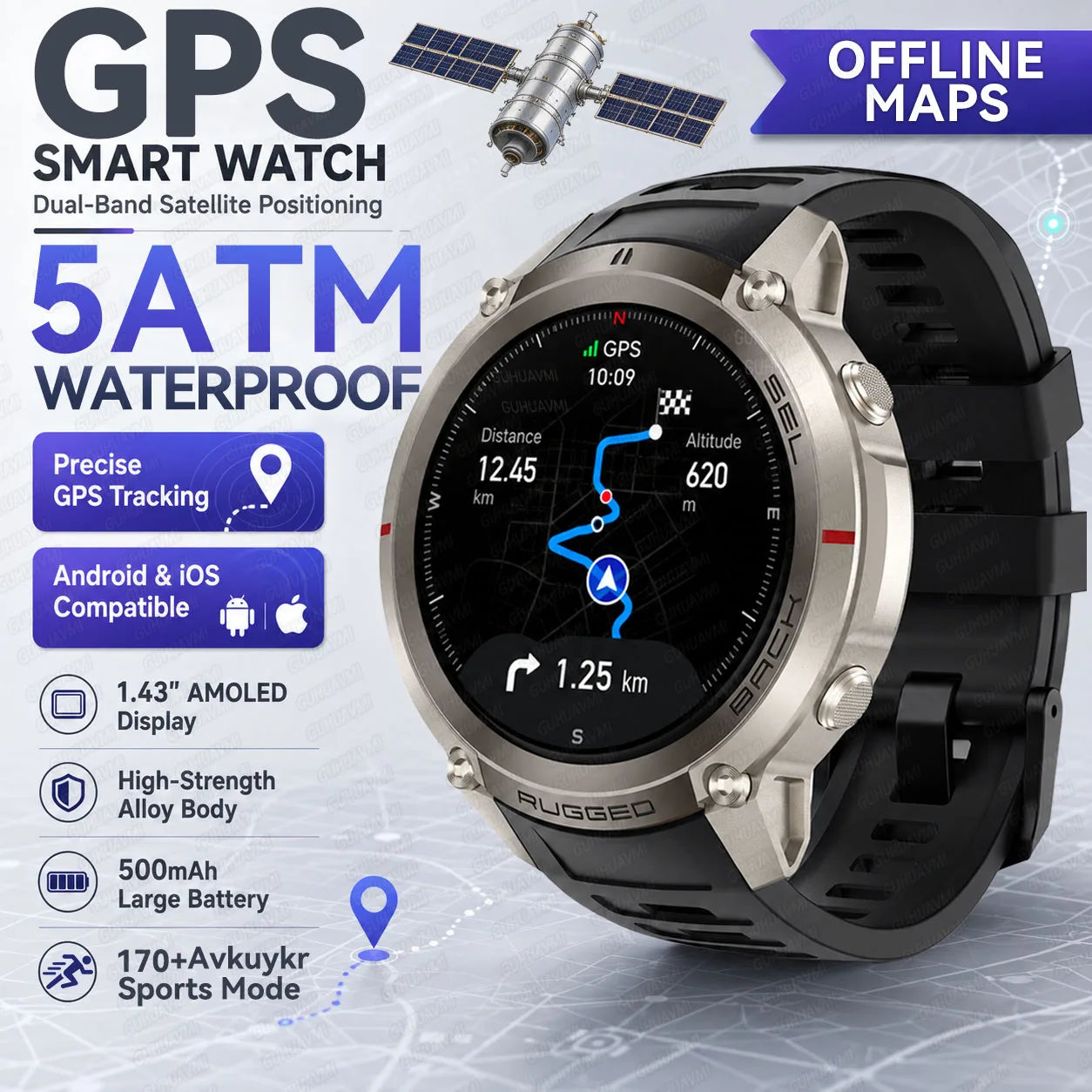 2026 Outdoor Tactical GPS 1.43"AMOLED Smart Watch Offine Map Compass Heart Rate Fitness Tracker 5ATM Waterproof Sports Watches