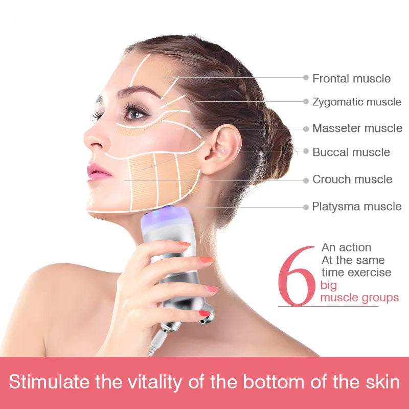 Handheld silver LED facial massager for skin lifting and muscle stimulation on a woman's jawline, showing anatomy.