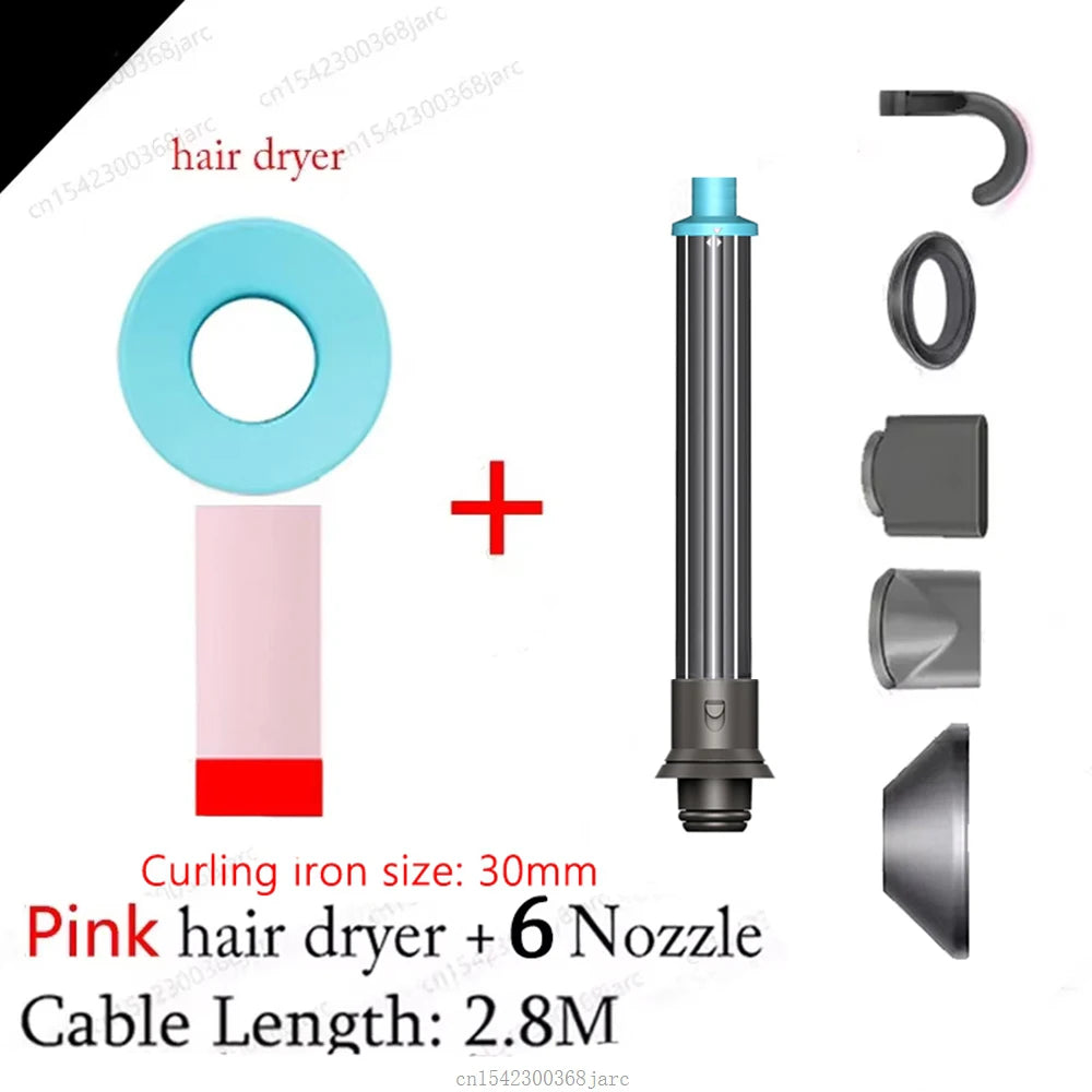 SenCiciMen pink leafless hair dryer with 6 professional styling attachments and 30mm curling iron for quick drying.
