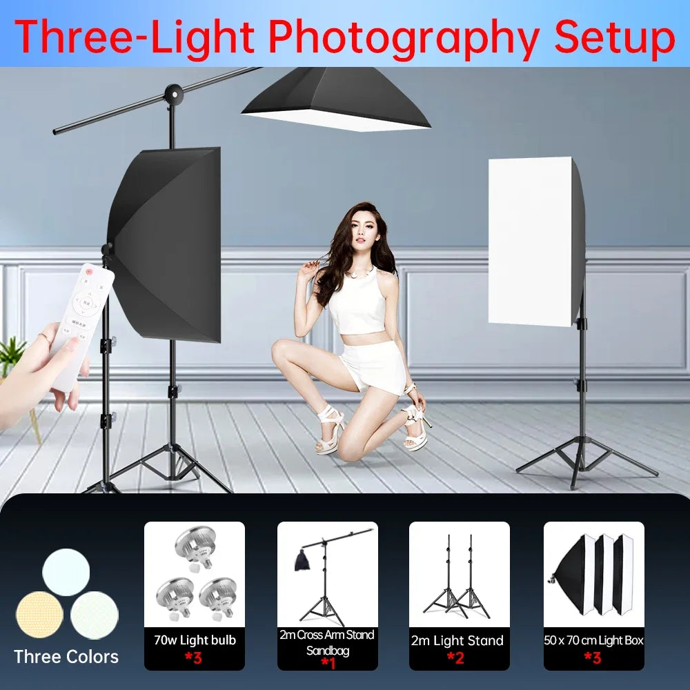 Three-light photography lighting kit with softboxes and light stands