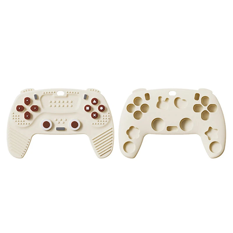 Cream silicone baby teething toy shaped like a game controller for teething relief.