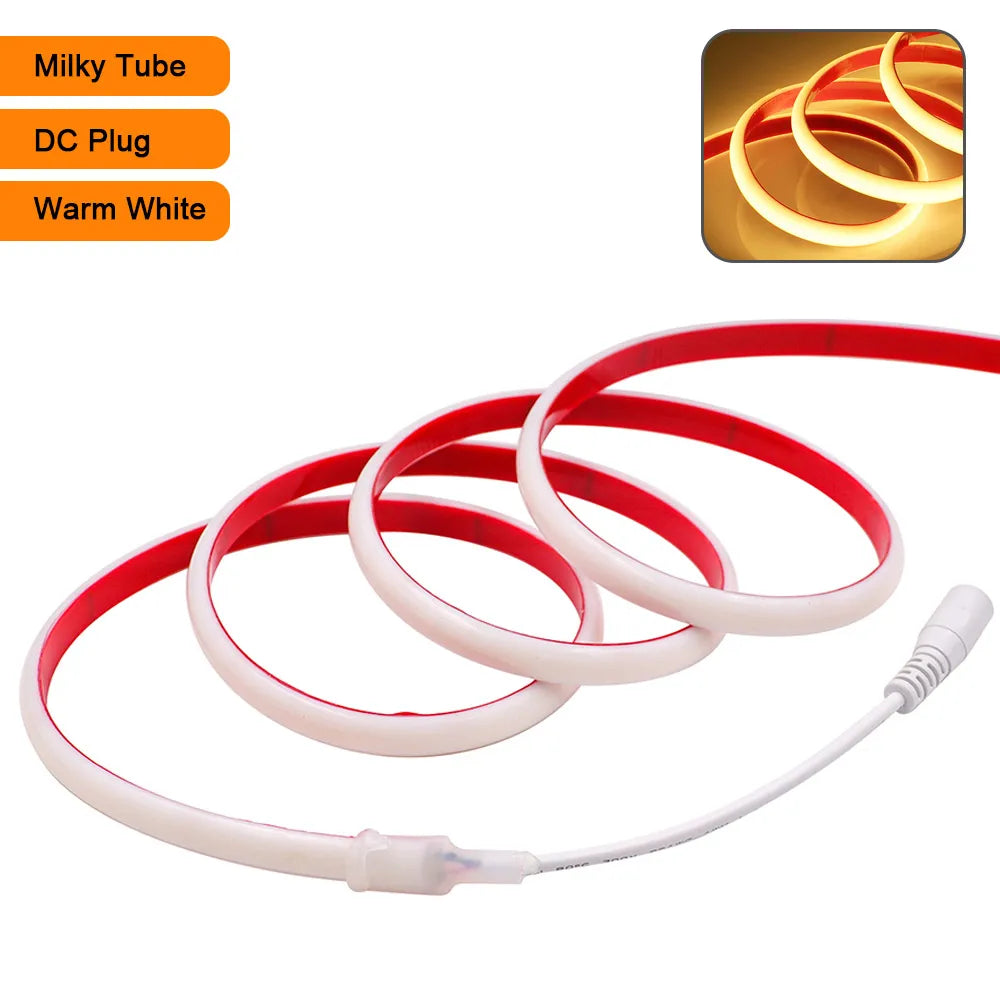 Warm white COB LED strip light kit, milky tube flexible tape with DC plug connector