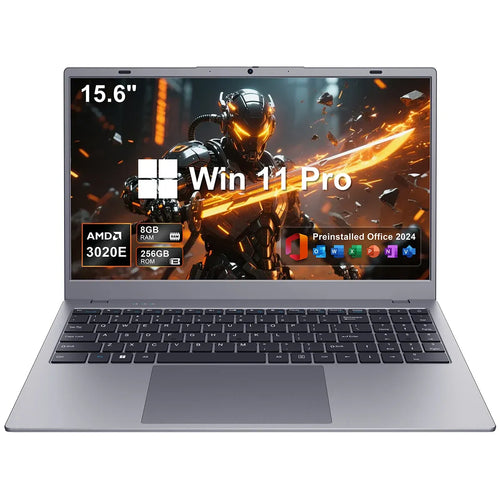 Silver 15.6-inch laptop with thin bezels, webcam, full keyboard with number pad, and large trackpad.