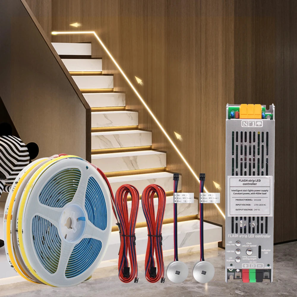 5M 10M 15M Sensor Motion Stairs LED Strip Light Kit 24V COB Water Flow Staircase Step Lighting for Interior Ladder Corridor Lamp