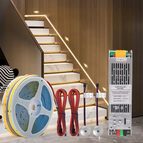 Stair LED strip light kit with LED reel, red wiring cables, and controller module