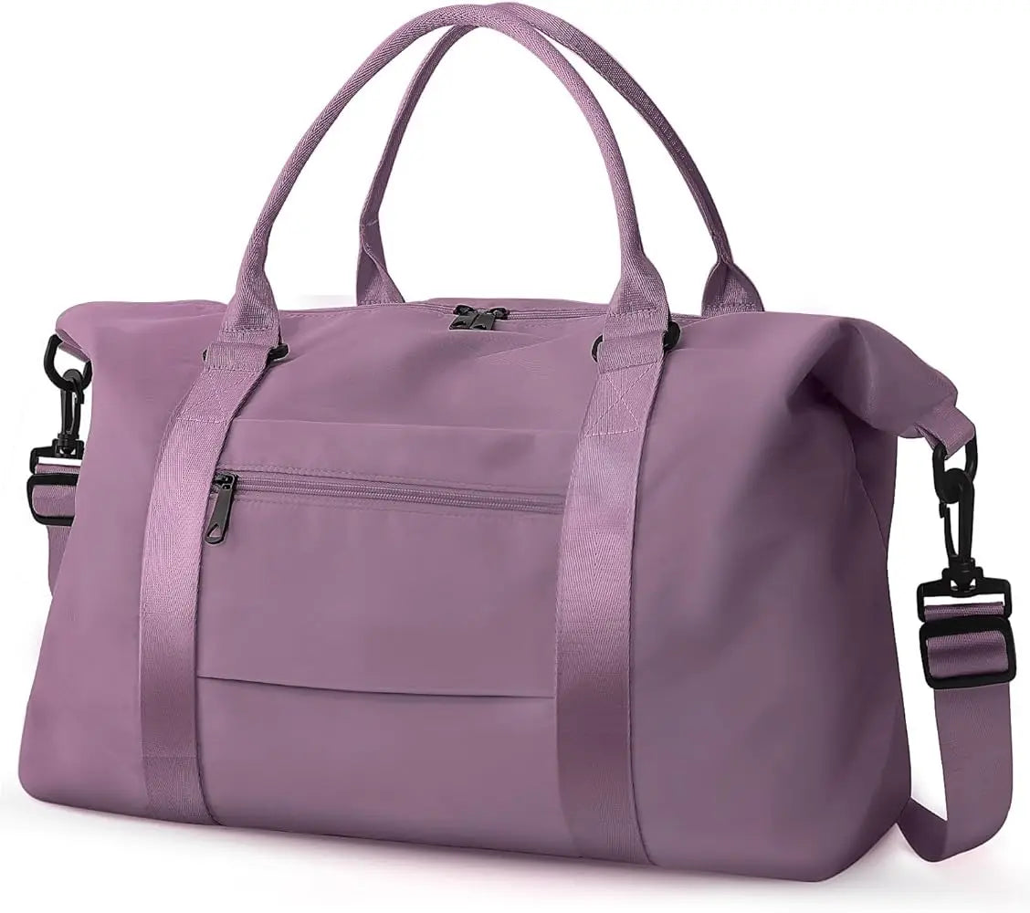 Large purple unisex duffle bag with shoulder strap, zippered front pocket, and customizable design for travel or gym.