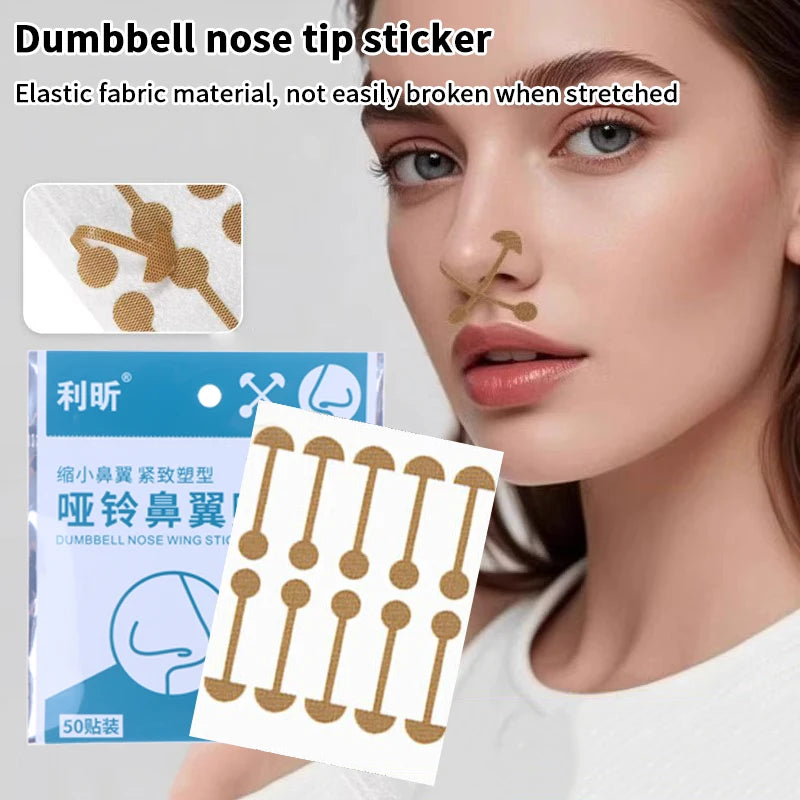 Invisible dumbbell-shaped nose wing stickers for nose reshaping and lifting applied to a model’s nose.