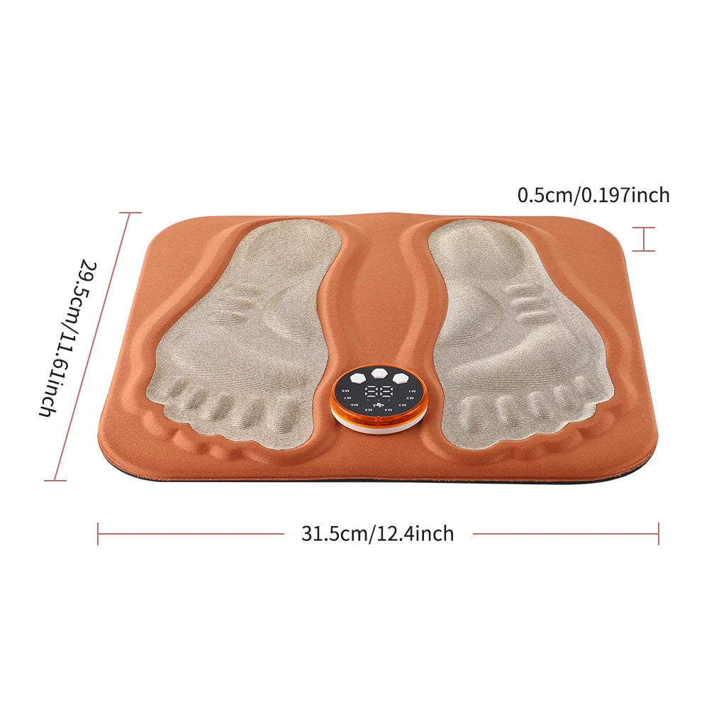 Orange 3D smart foot massage pad with RF remote, 8 modes, 29 levels, and dimensions for circulation and muscle relief.