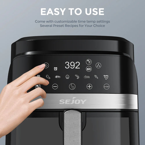 Black air fryer control panel with digital temperature display and touch icons