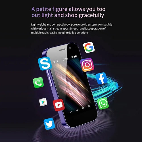 SOYES XS14 Pro 3-inch 4G mini smartphone, purple frame, Android, app icons floating, front-angle product view.