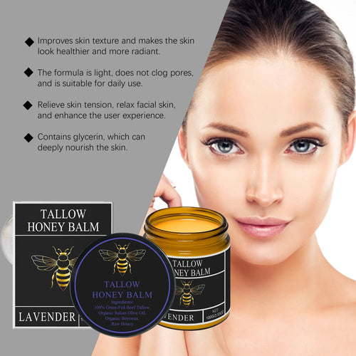 Lavender tallow honey balm jar and lid, shown with face care model