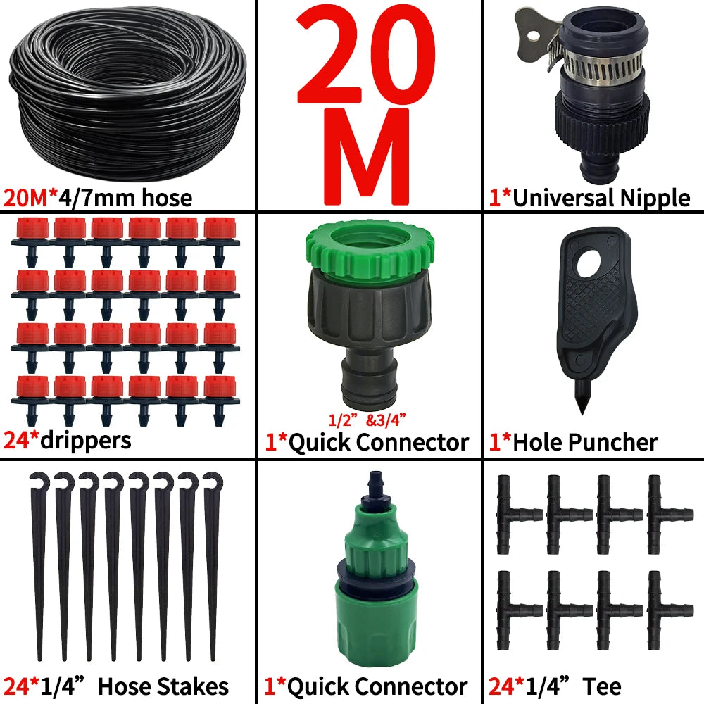20m micro drip irrigation kit with black hose, universal nipple, quick connectors, and stakes