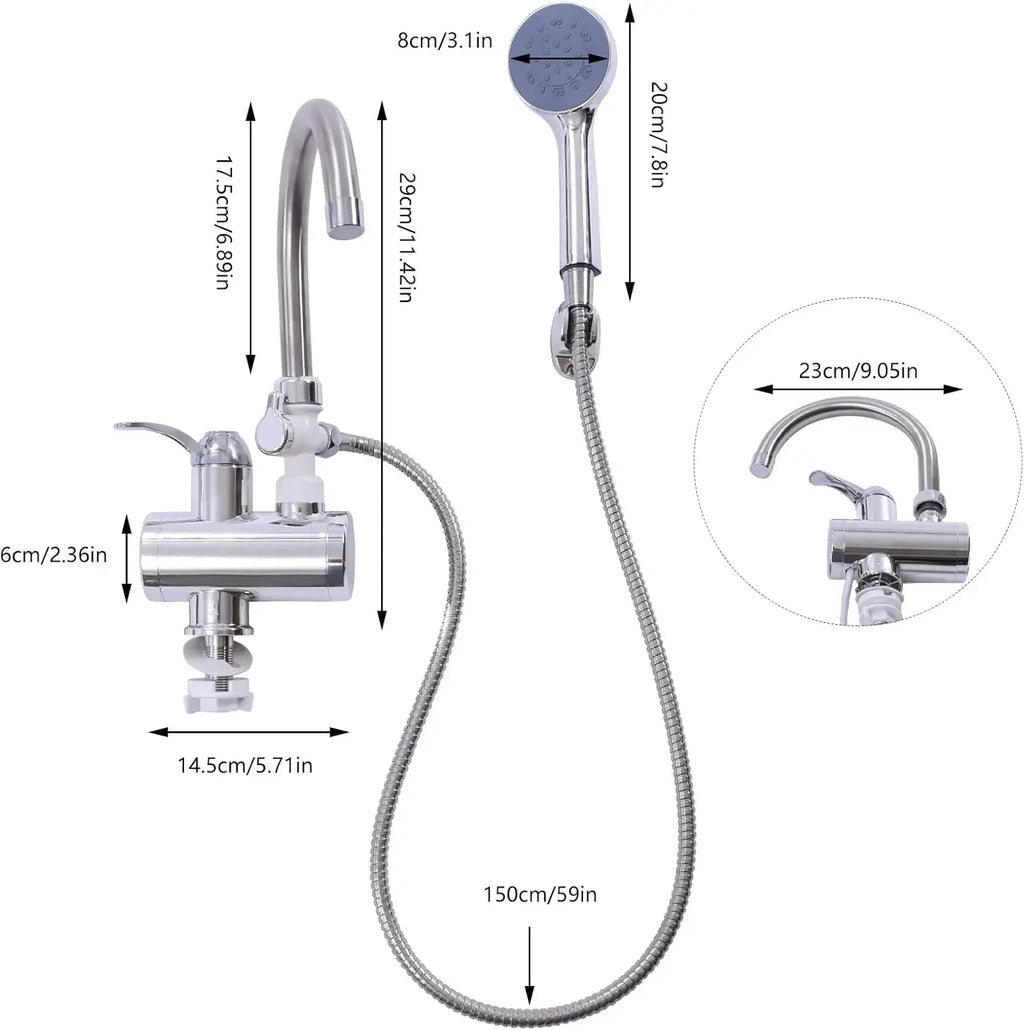 Electric Faucet, Stainless Steel Quick Heating 3000W, Kitchen Faucets with LCD Temperature Display, IPX4 Waterproof, Water Flow Control, EU Standard