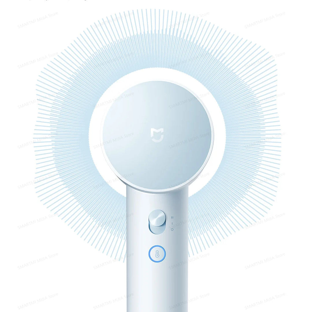 MIJIA high-speed hair dryer in white with light blue halo, 110,000rpm motor, and simple heat control settings.