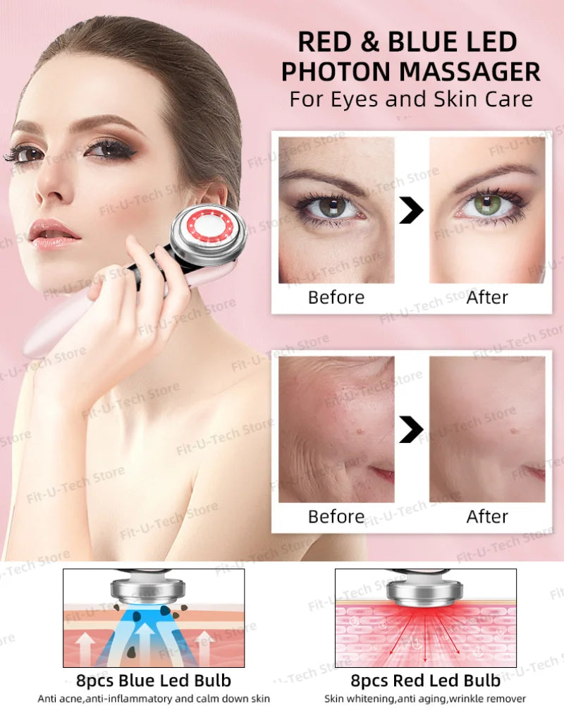 A woman uses a pink, handheld LED facial massager with red and blue light therapy modes for skin care results.