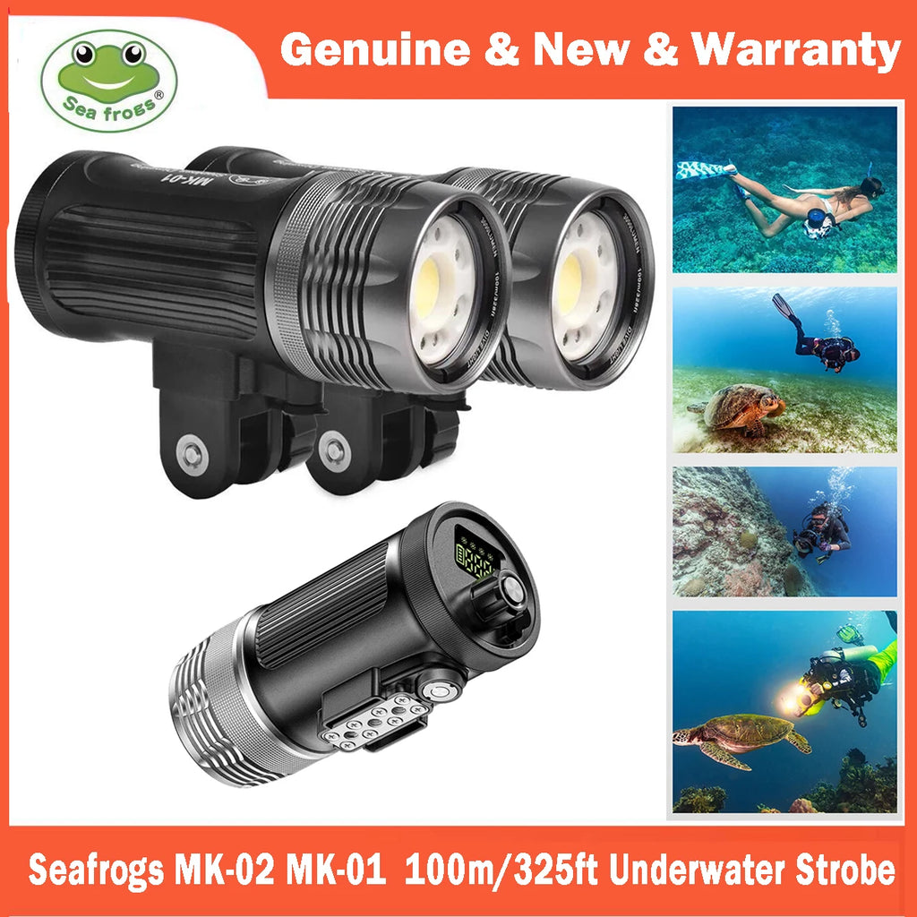 Black and silver cylinder-shaped MK-01 and MK-02 underwater strobe lights for scuba diving photography and lighting.