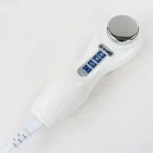 White portable ultrasound therapy device with stainless steel head and control buttons for arthritis and pain relief.