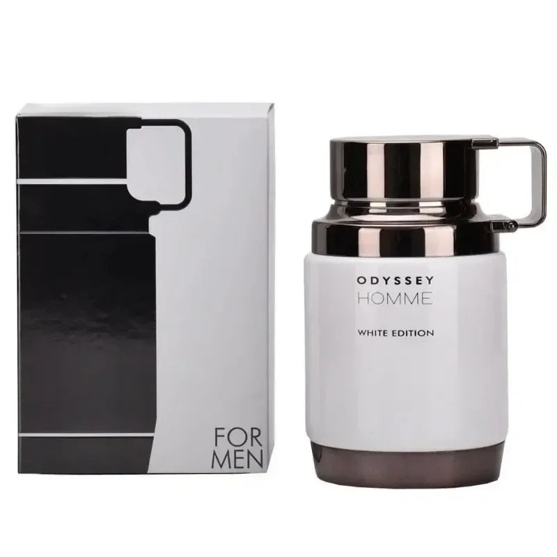 Armaf Odyssey Homme White Edition 100ml Eau de Toilette for men. Unique white cylinder bottle with metallic side handle.