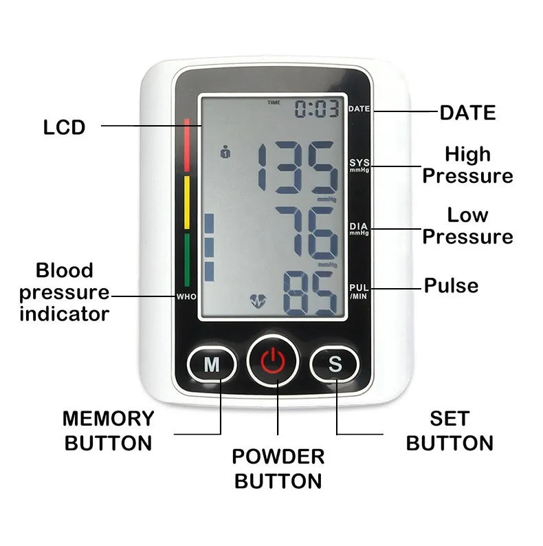 Upper Arm Blood Pressure Meter Automatic Tonometer BP Cuff Machine Medical Sphygmomanometer Home Tensiometer Digital BP Monitor