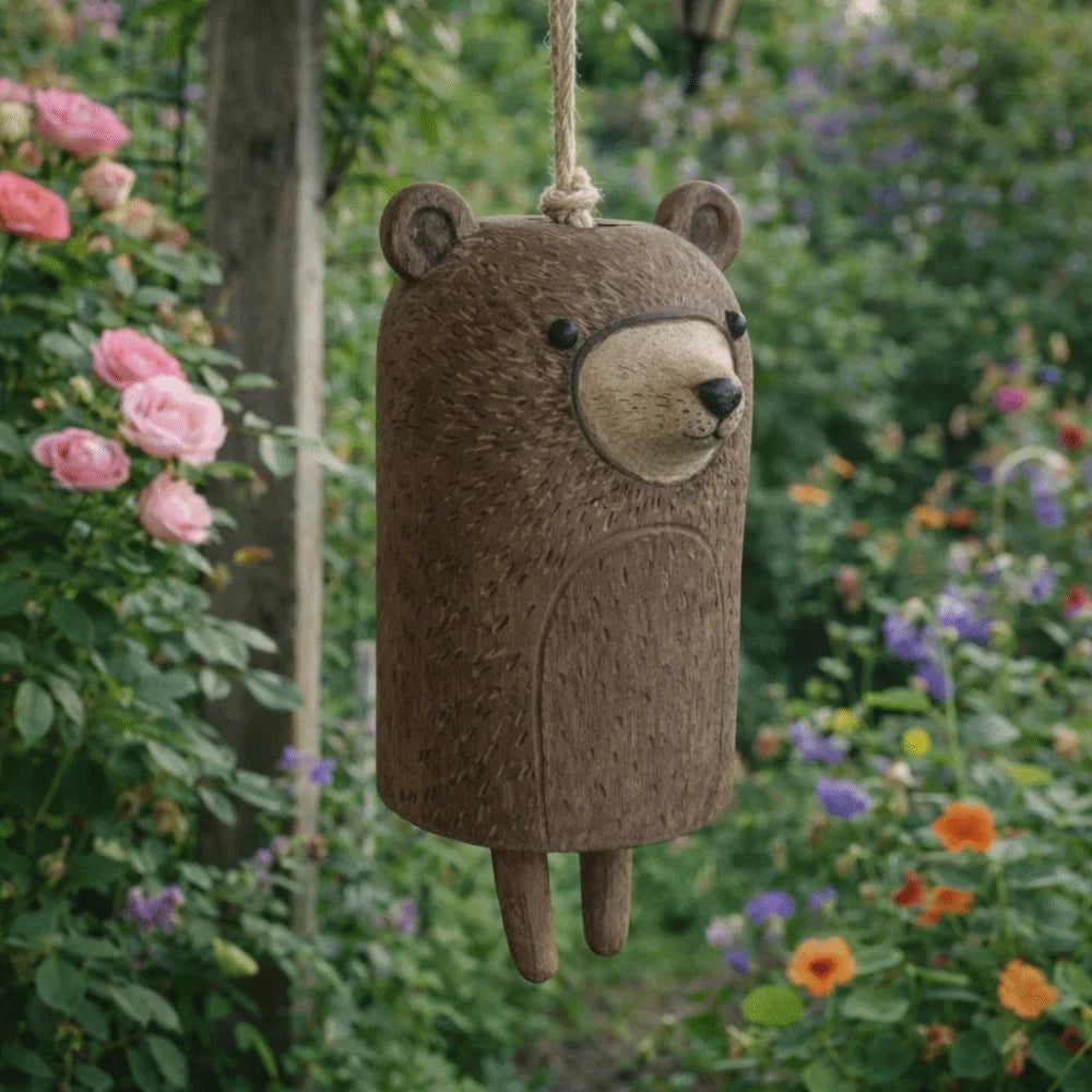 Cute brown bear resin wind chime for rustic garden decor, perfect for whimsical outdoor pet-themed home accents.