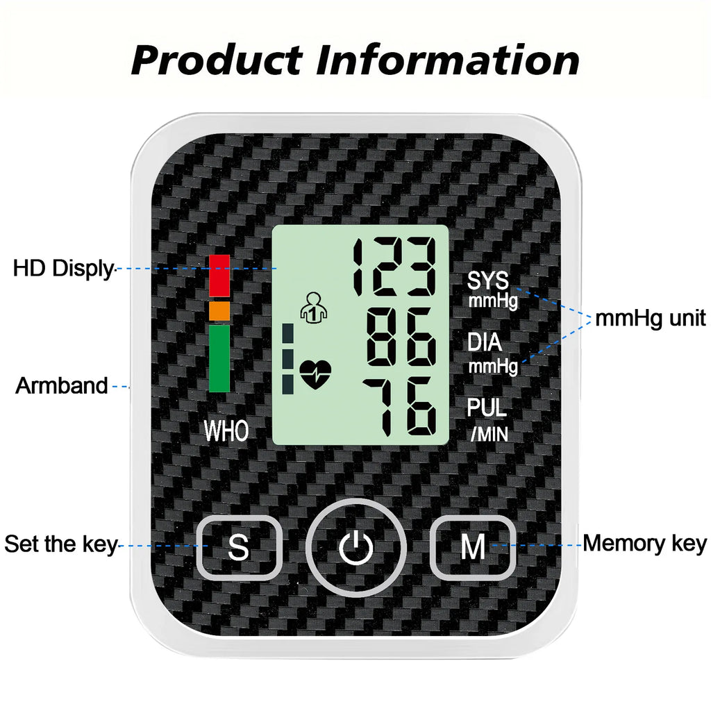 Upper Arm Blood Pressure Monitor with 36cm Cuff Automatic Digital Medical BP Tensiometer Heart Rate Detector Portable Home Care