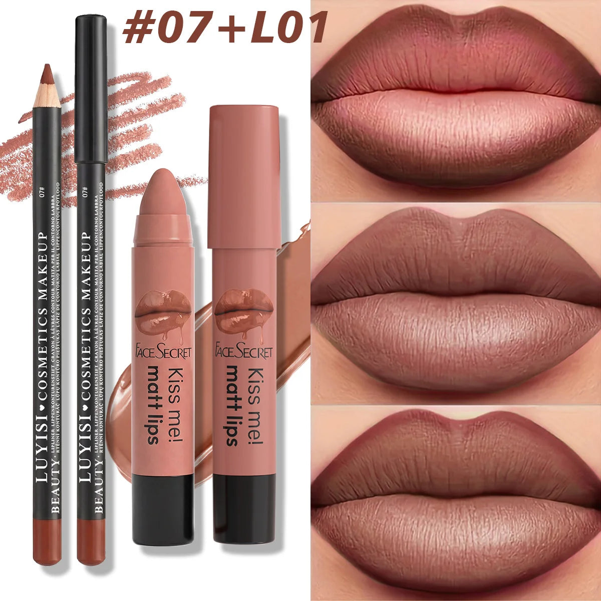 Professional nude matte lipstick and lip liner kit with highly pigmented, long-wear waterproof formula.