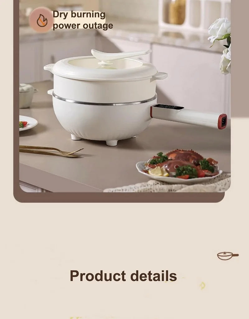 White electric cooking pot with lid and steaming insert, plus power cord and serving bowl