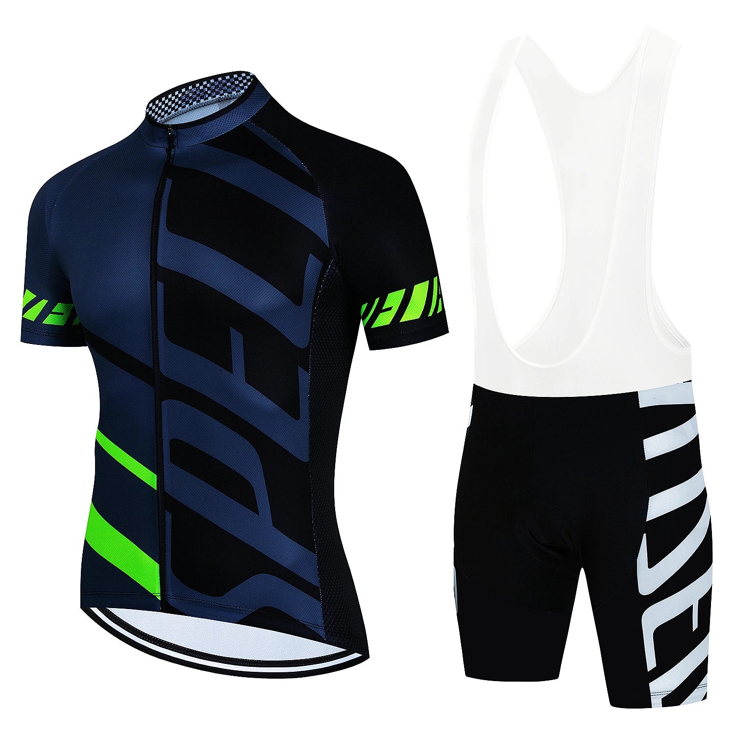 Tidesmit black and blue cycling jersey with green accents and matching black bib shorts with white strap design.