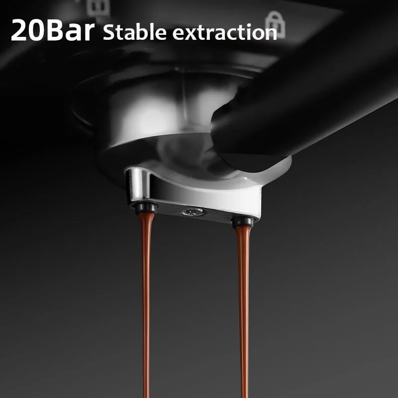 Stainless steel espresso machine portafilter pulling a double shot of coffee with 20-bar stable extraction pressure.