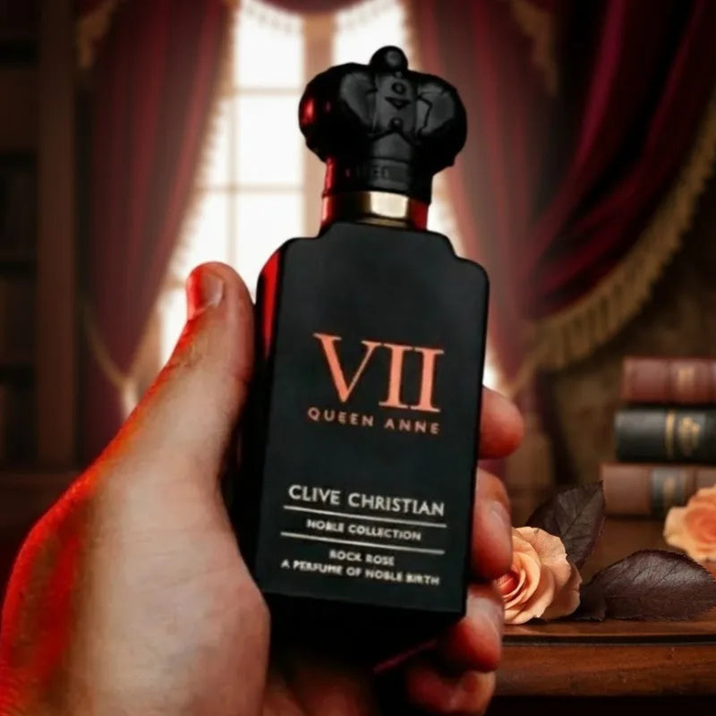 Clive Christian VII Queen Anne Rock Rose: A black crown-capped perfume bottle, elegant floral amber scent for women.