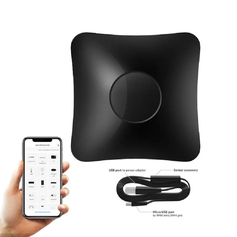 Black wireless remote hub with sensor, USB power cable, and phone app control screen.