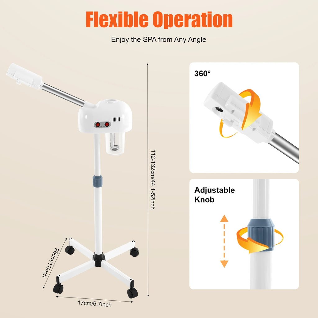 White 750ml professional facial steamer on wheels with 360-degree rotating nozzle and adjustable height for spa use.
