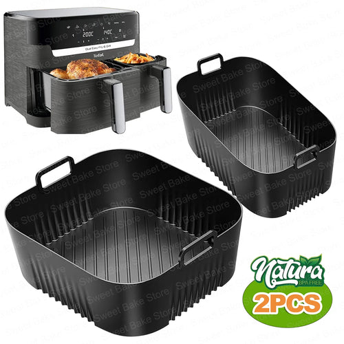 Set of two black ribbed silicone air fryer baking moulds with loop handles