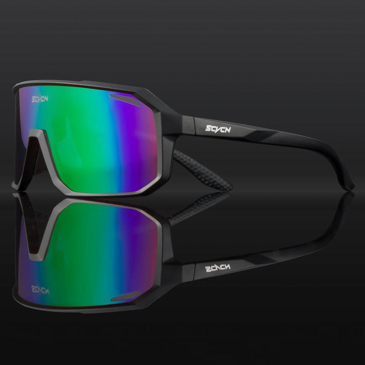 Cycling sunglasses with black frame and multicolor reflective lenses