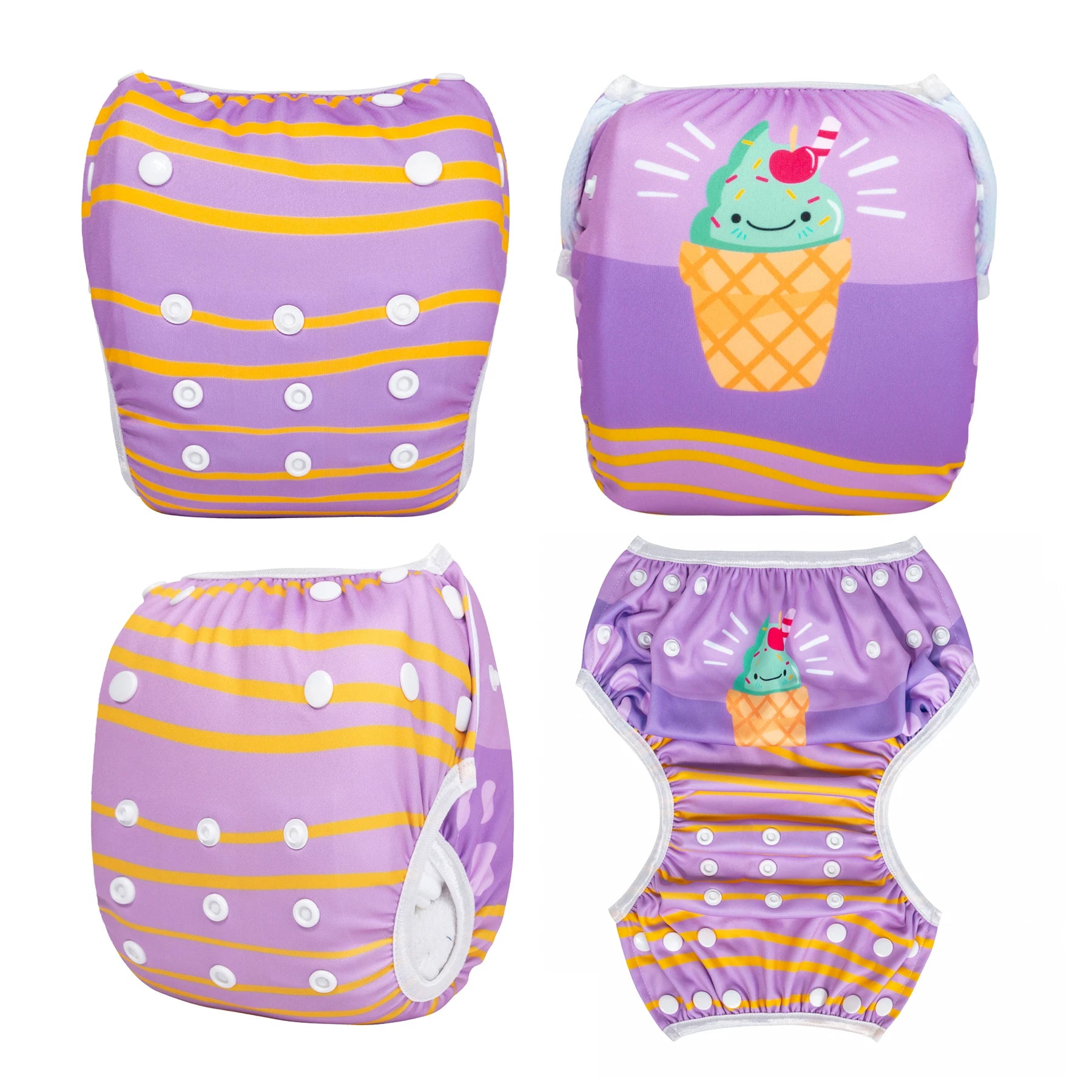 Reusable baby swim diaper in purple with yellow stripes and cute ice cream cone print design.