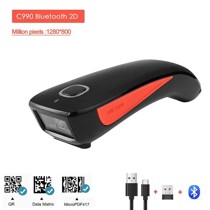 NETUM C990 Bluetooth 2D scanner, black with red panel, includes USB accessories