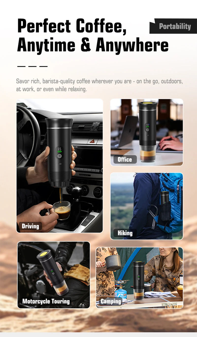 Portable black electric coffee maker for travel, office, and camping featuring digital temp display and compact design.