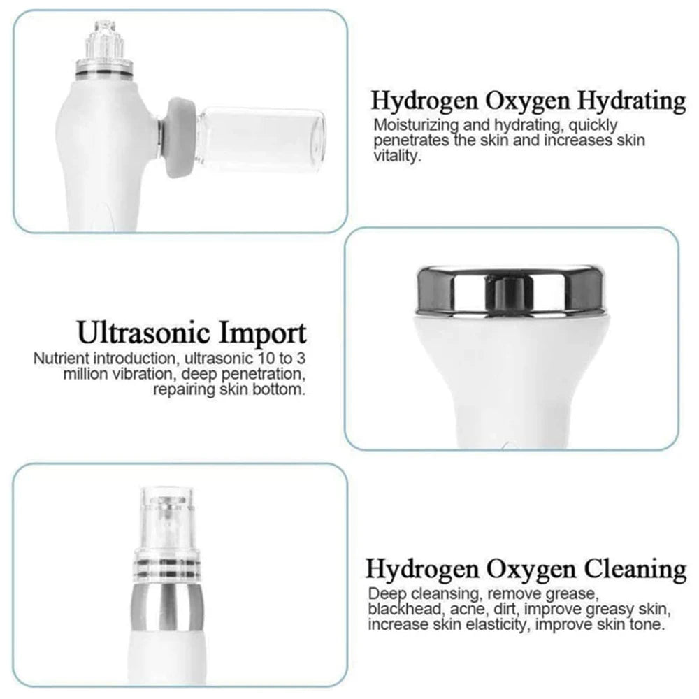 AOKO hydro dermabrasion facial machine parts showing hydrogen oxygen cleaning, hydrating, and ultrasonic skin tools.