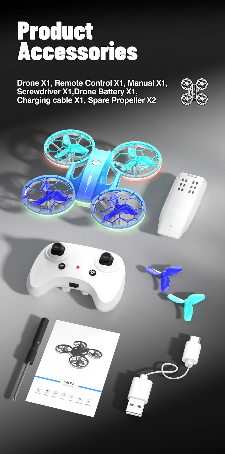 RC Stunt Drone for Kids with LED Lights - Durable Quadcopter Blue/Red/Violet Tidesmit