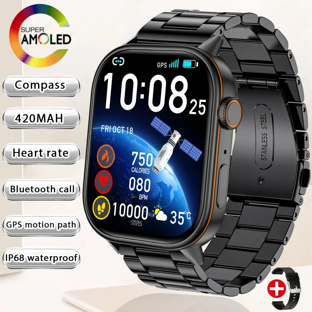 Black metal bracelet smartwatch with AMOLED display, compass and health callout icons