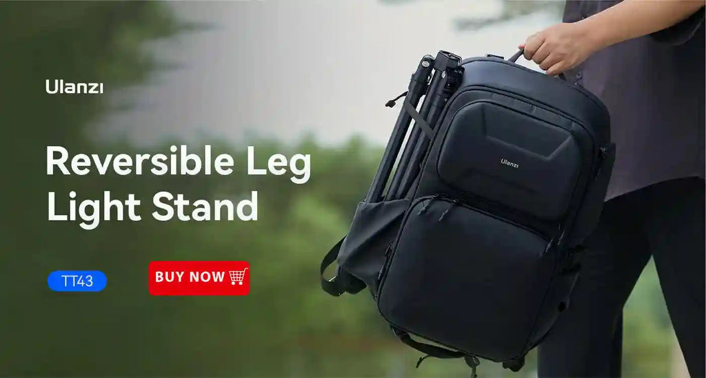 Black fabric camera backpack with an external side pocket carrying a foldable tripod light stand.