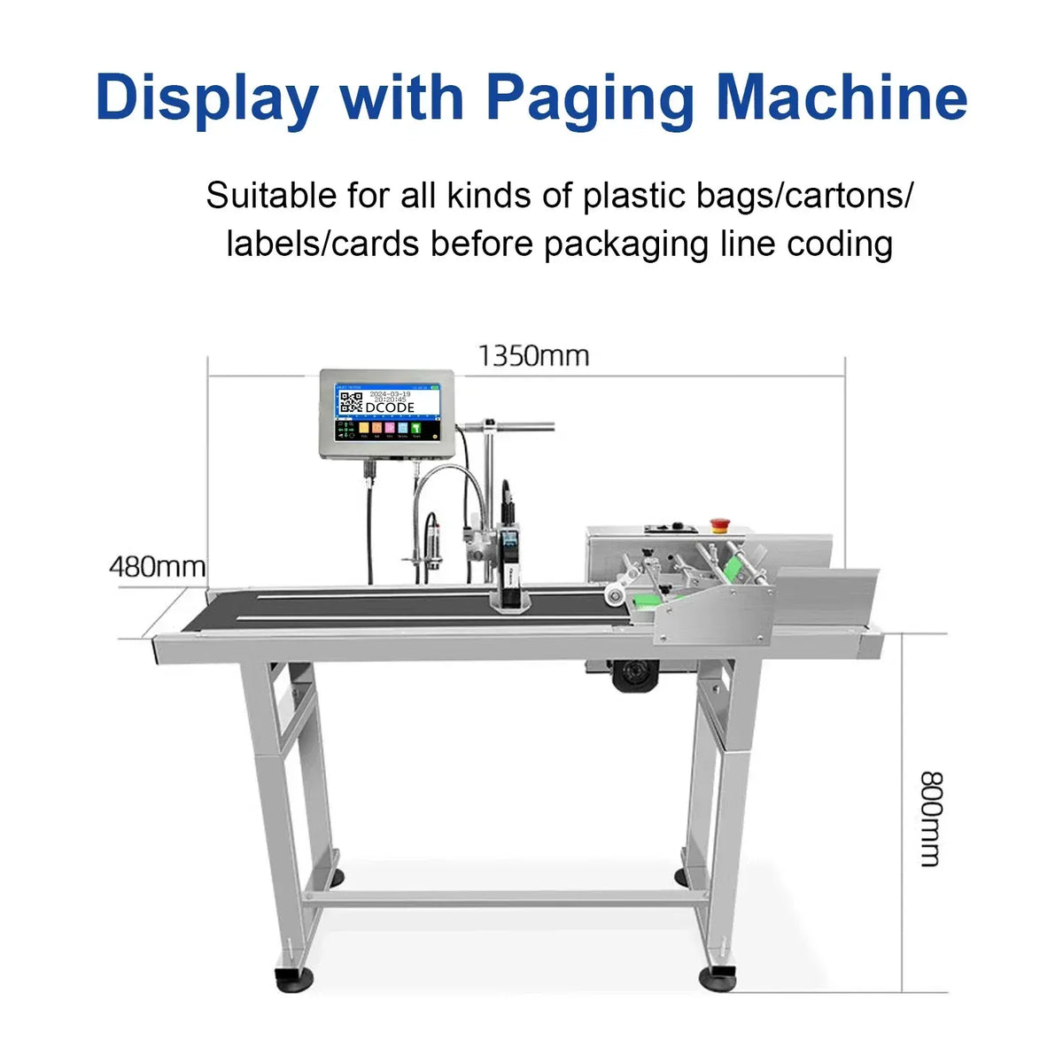 Online thermal inkjet printer with paging machine setup and adjustable conveyor frame