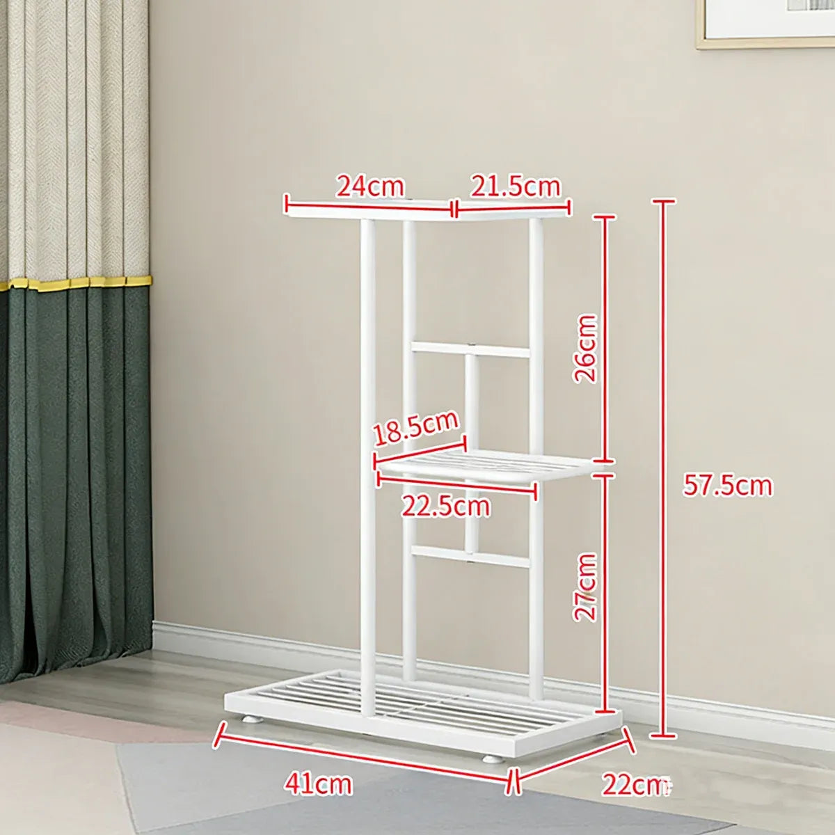 White multi-tier plant display shelf with four small tier shelves and wide base
